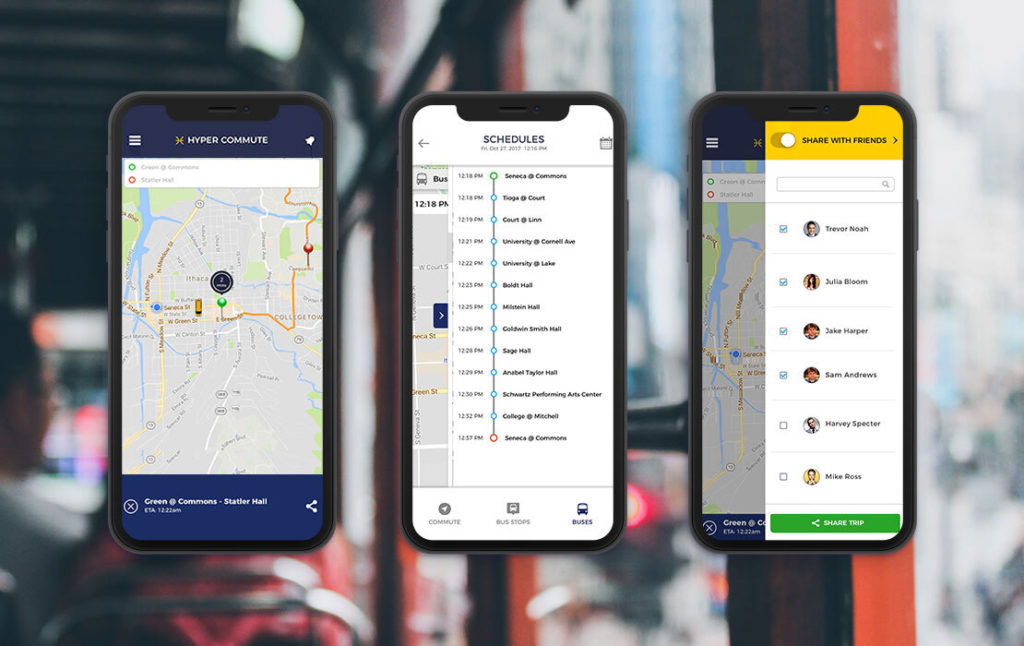 Mobile screens showing the images of hyper-commute app